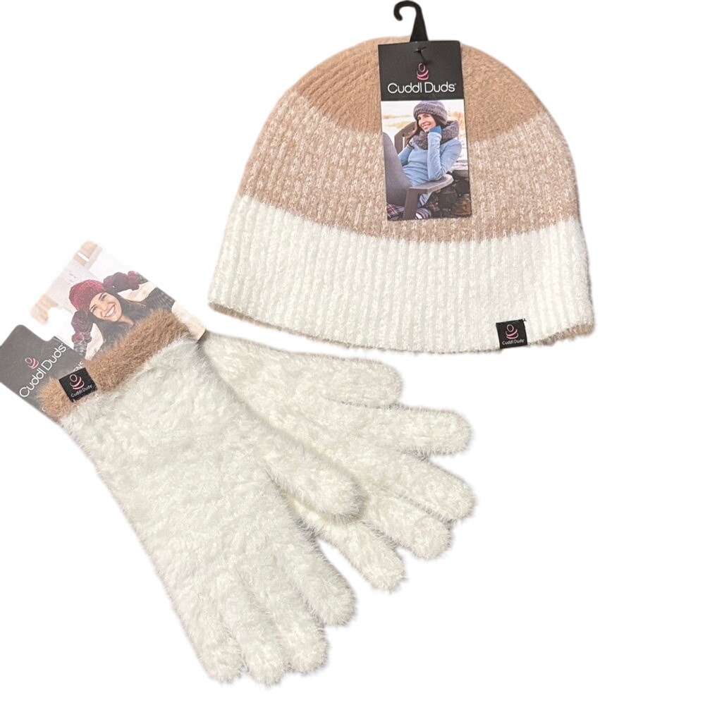 Cuddl Duds Womens Winter Beanie Hat and Gloves Set (Cream & Brown) Fall/Soft NEW